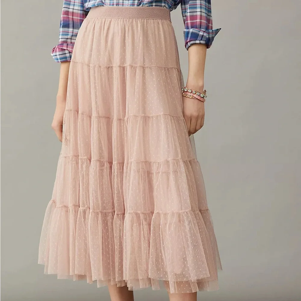 BY ANTHROPOLOGIE Serena Dusty Blush Tiered Tulle Maxi Skirt Size Small - Picture 3 of 11